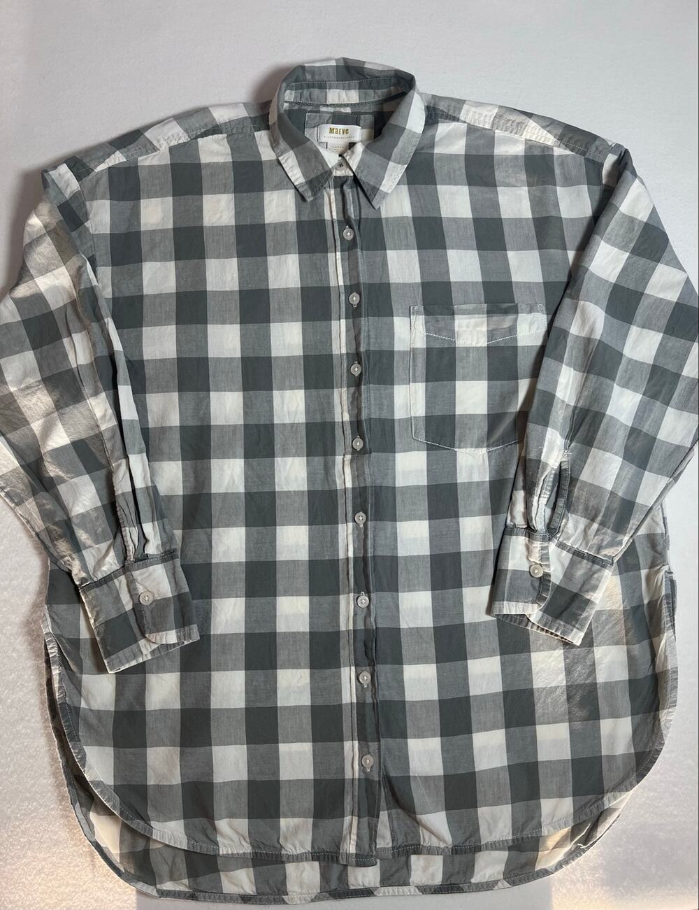 Maeve Anthropologie Womens L Gray White Gingham Button Down Shirt 100% Cotton
